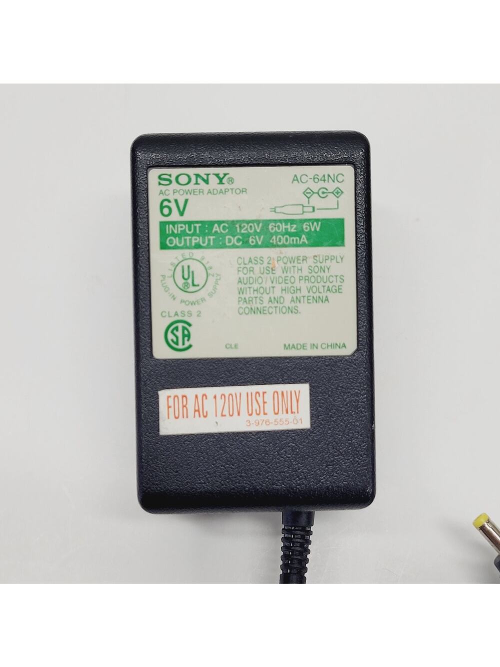 SONY AC Power Adaptor 6V 6 Volt 400mA 6W Genuine AC-64NC Tested Works Great VGC